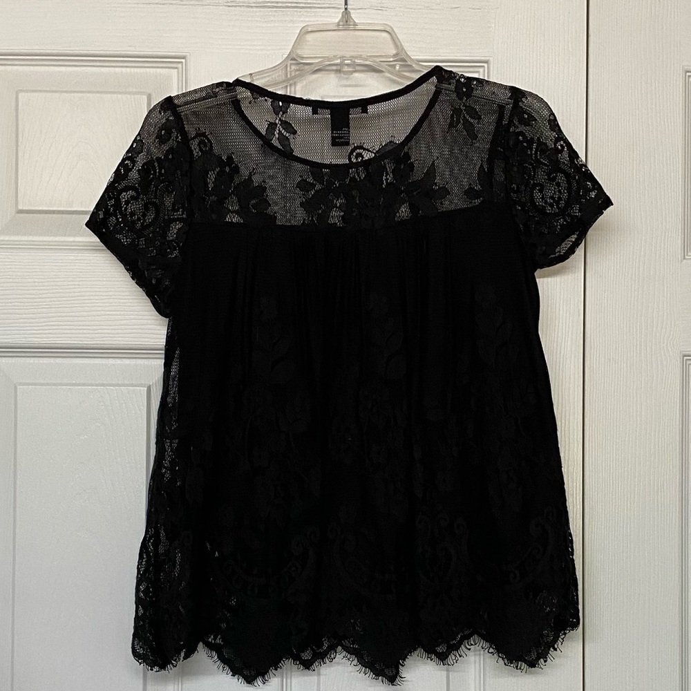 Forever 21 Black Lace Overlay Babydoll Top Sz S - Picture 4 of 5
